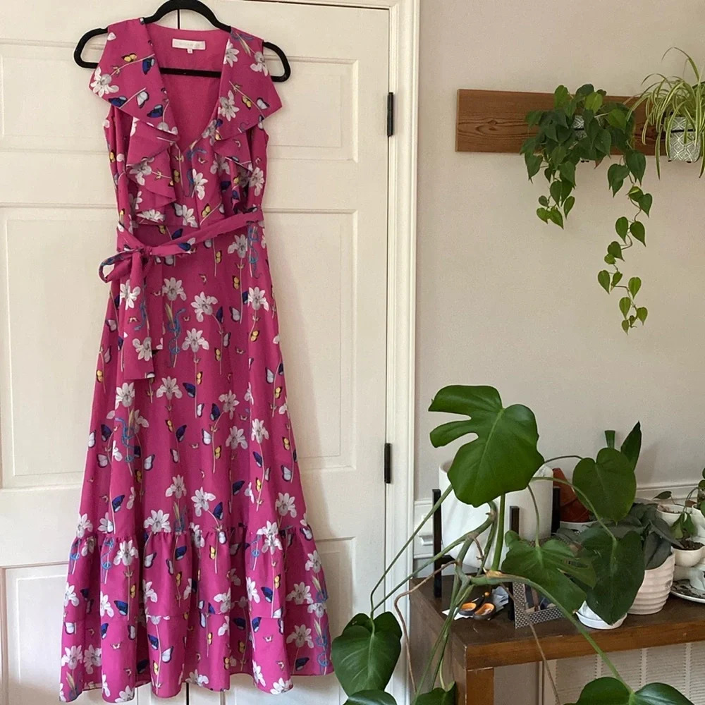 Borgo De Nor Dress Fuchsia Butterfly Floral Printed Maxi Dress Size UK 8 US 4